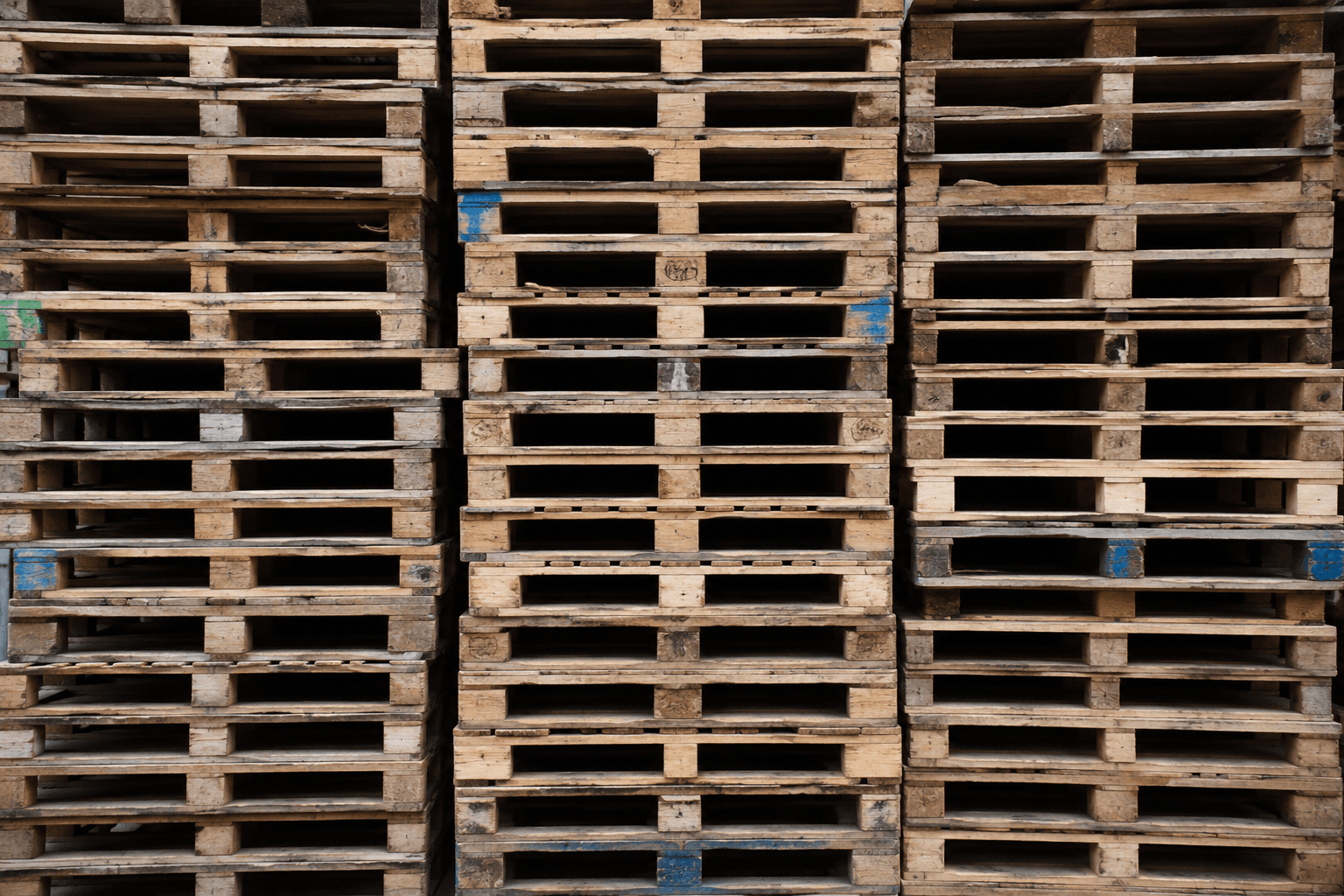 Stacked recycled wood pallets
