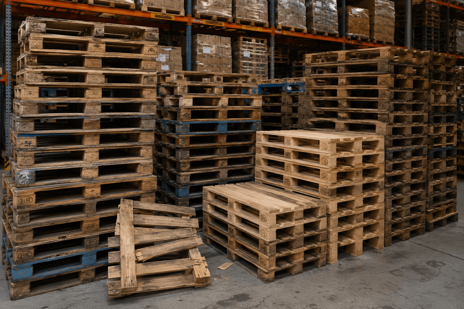 Pallets organized in warehouse