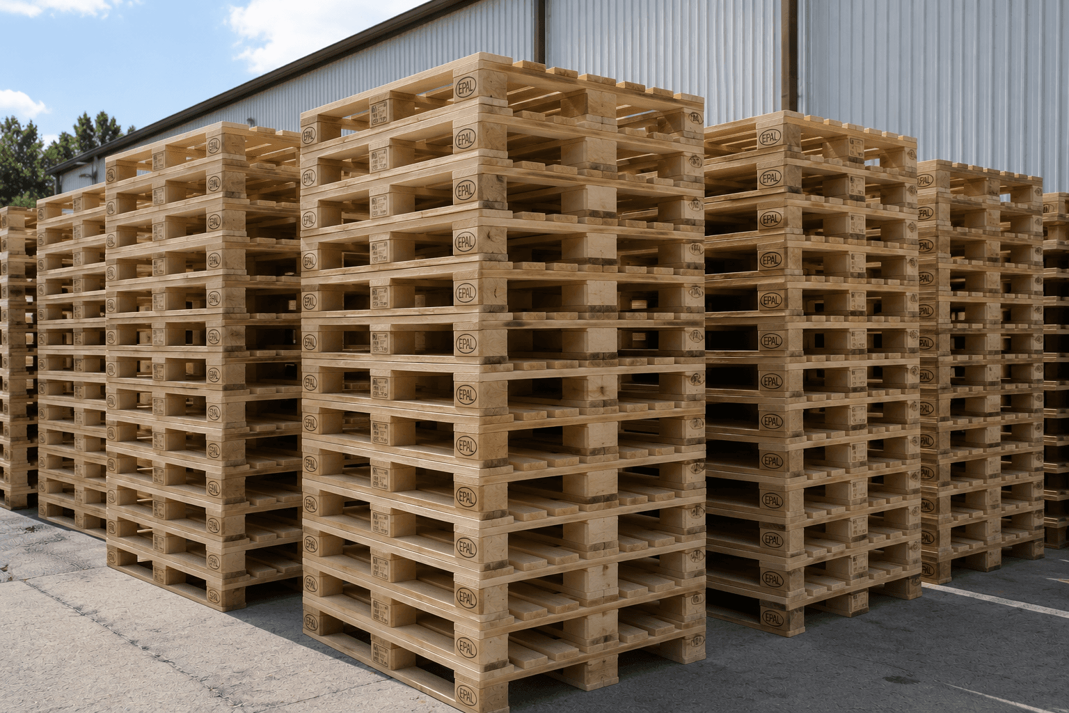 Stacks of quality recycled pallets at our Goodyear facility
